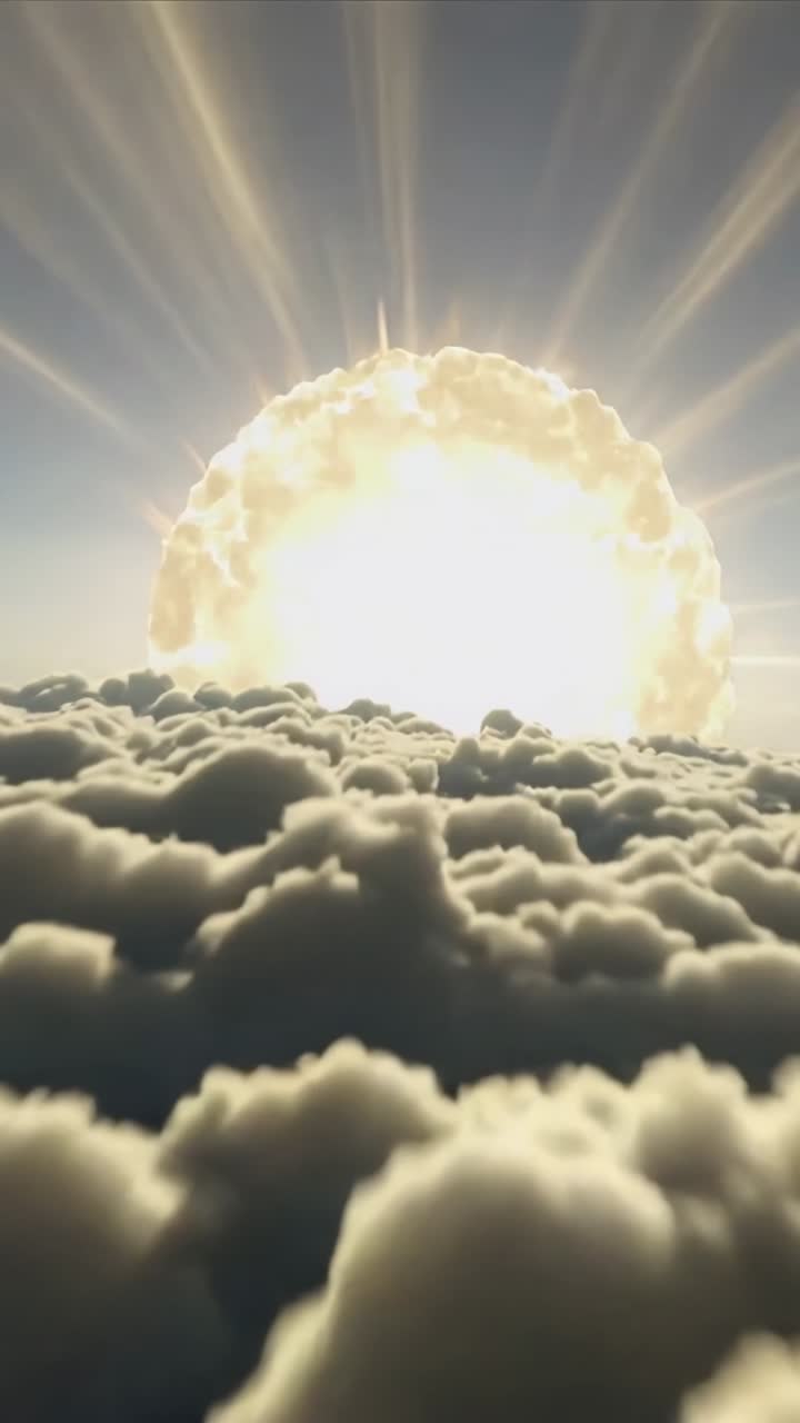 Video verticale: La telecamera si allontana, un barattolo rivela un globo solare che sorge attraverso un mare di nuvole su uno specchio scuro.
