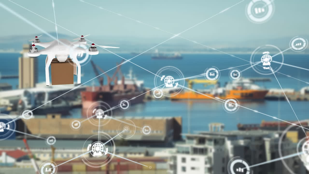 패키지와 함께 배달 드론을 통해 아이콘과 연결 네트워크의 애니메이션