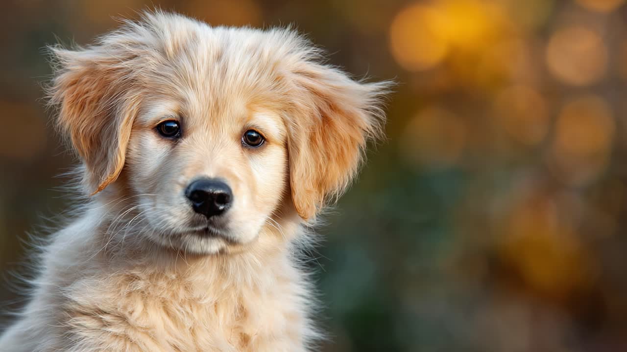 A Heartwarming Portrait of a Golden Puppy Embracing Nature's Beauty with Soft Fur and Expressive Eyes in a Dreamy Background of Warm Tones