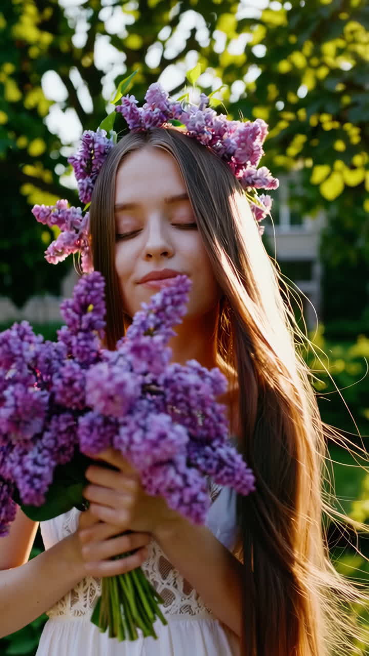 Young woman with lilac flower crown and bouquet in a sunlit garden