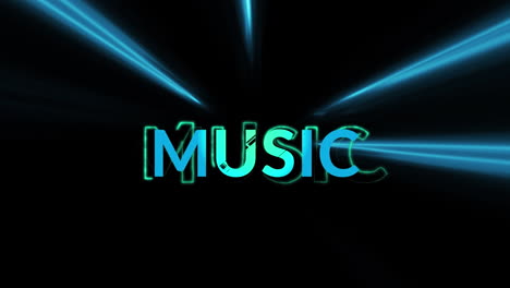 animation of music text over neon light trails on black background
