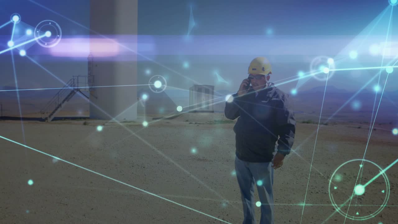 Site tech answering call while on rooftop, AR overlay circling helmet and torso, checking gear