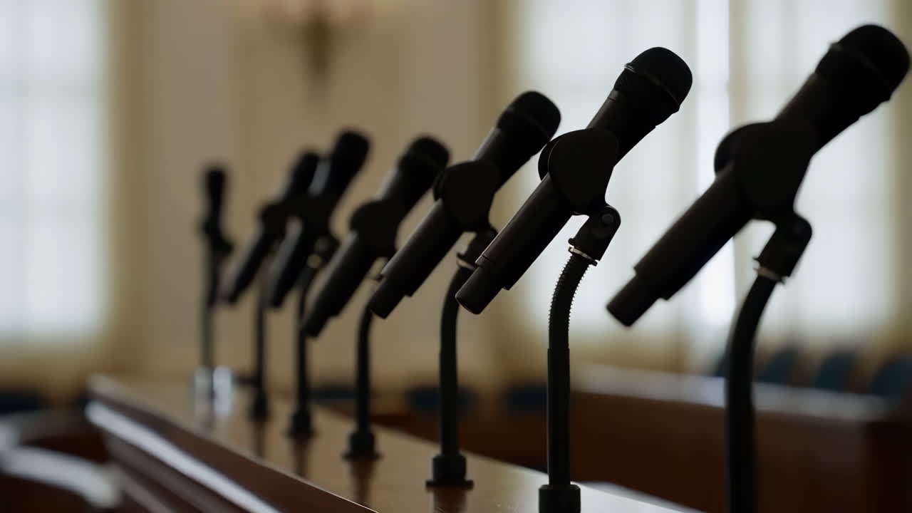 Row of Microphones in a Conference Room