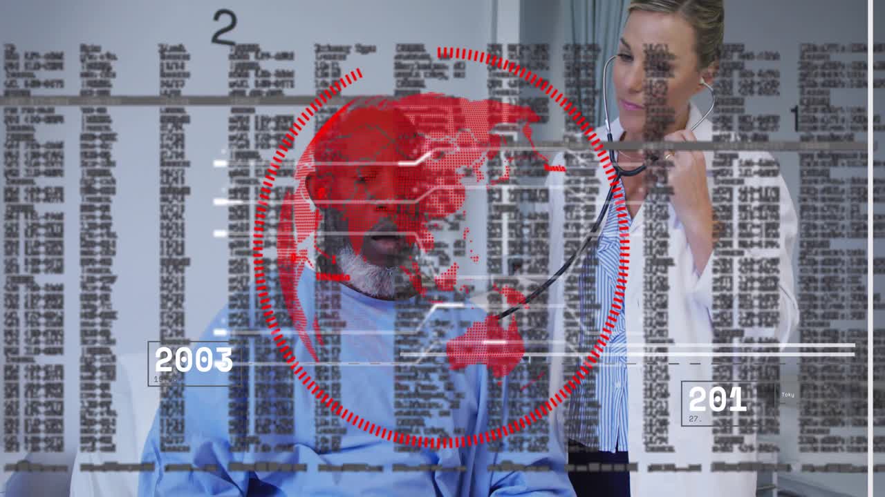 Doctor placing stethoscope on patient chest in hospital, showing animated world map health timeline