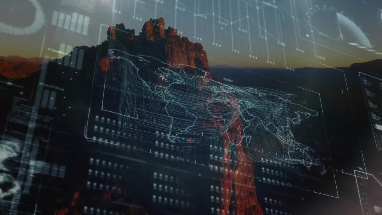 Animation of digital world map overlaying data on rocky mountain landscape