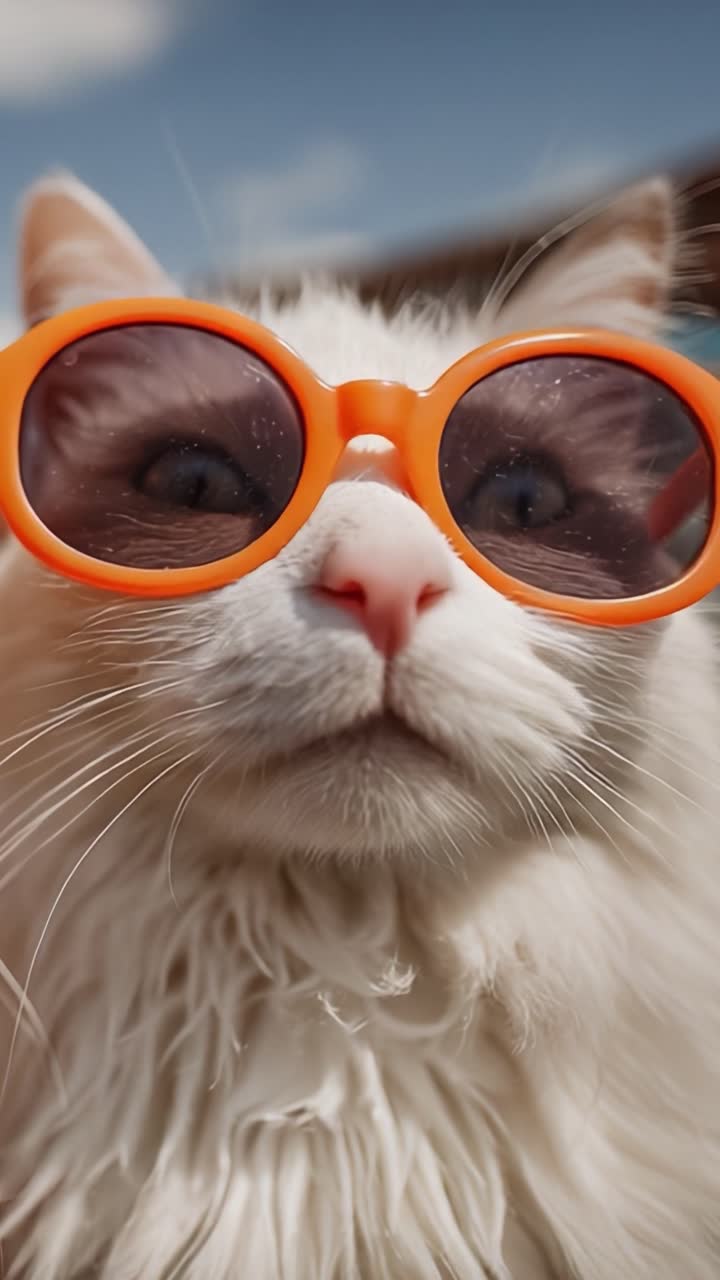 Kucing Keren Menikmati Sinar Matahari Sambil Mengenakan Kacamata Hitam Oranye Bergaya, Menangkap Esensi Relaksasi dan Keceriaan di Lingkungan Luar Ruangan