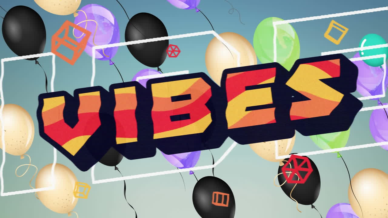 animación de las vibraciones de la palabra en naranja y negro con globos flotantes en gris