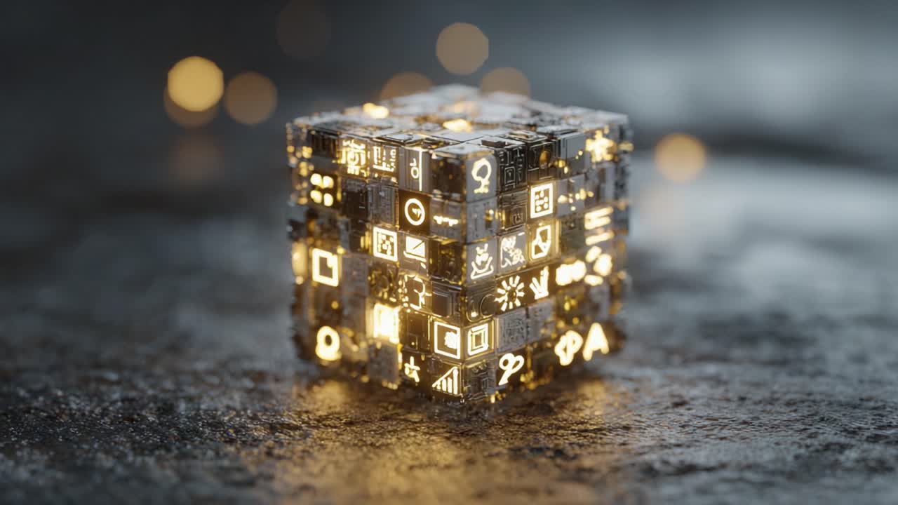 Lysende kube med adskillige digitale ikoner og symboler, der langsomt roterer på en mørk, tekstureret overflade. Den repræsenterer moderne teknologi, big data, blockchain og den digitale informationsalder.