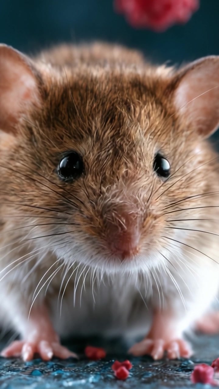 Prospettiva ravvicinata su un topo carino e soffice: uno sguardo intrigante alle sue piccole caratteristiche e alla sua adorabile espressione su uno sfondo morbido e colorato.