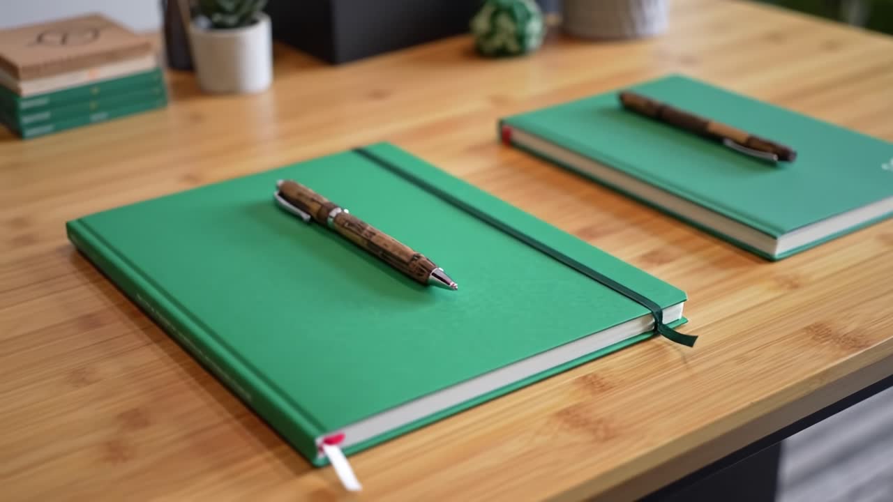 A Minimalist Workspace Featuring Elegant Green Notebooks and Stylish Pens on a Bamboo Desk, Ideal for Creative Inspiration and Organized Note-Taking
