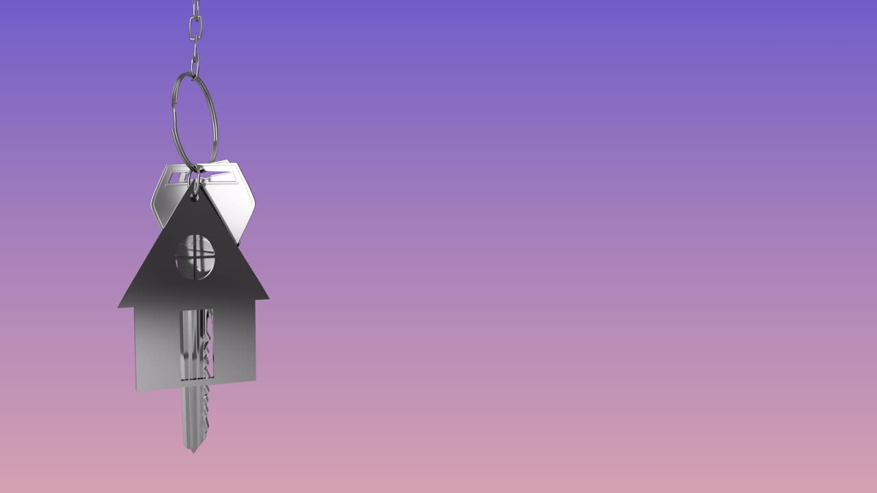 Animating house-shaped keychain over gradient background