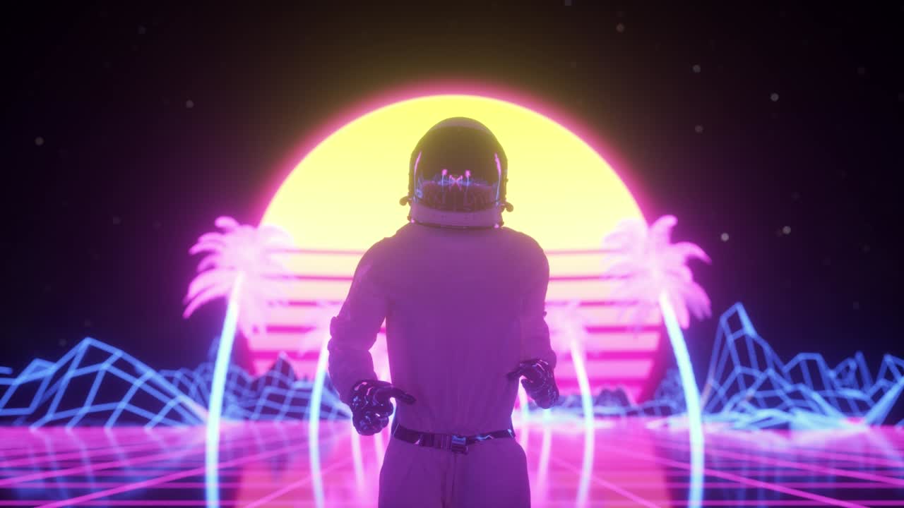 Astronauta che corre circondato da luci al neon lampeggianti. Sfondo synthwave in stile retrò anni '80.