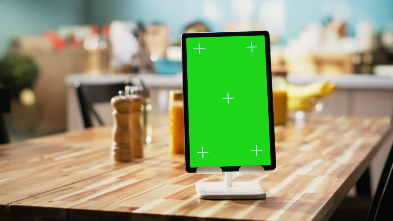 Vertical chroma key on tablet screen in empty stylish kitchen table