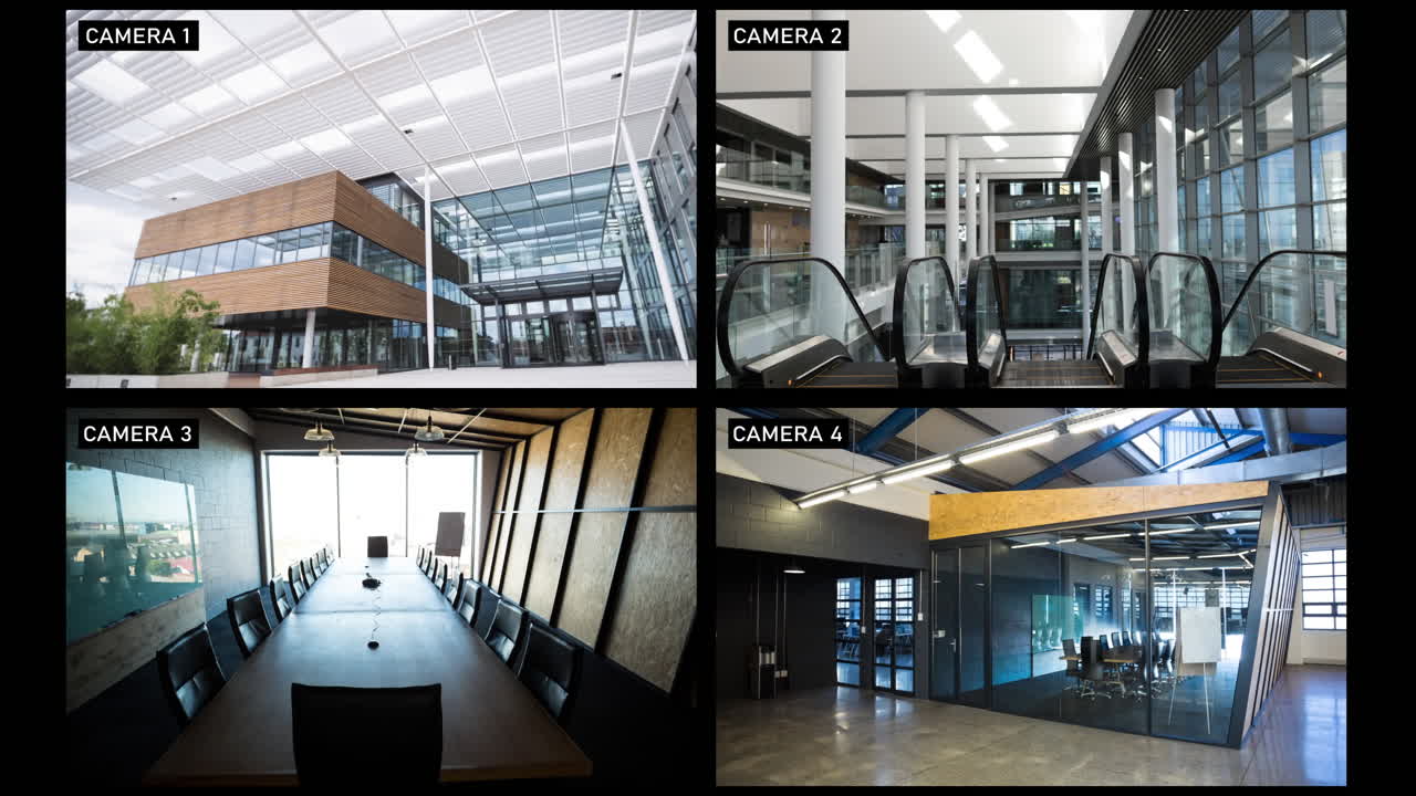 composite de vistas de cuatro cámaras de seguridad que muestran el vestíbulo y las habitaciones en oficinas de negocios