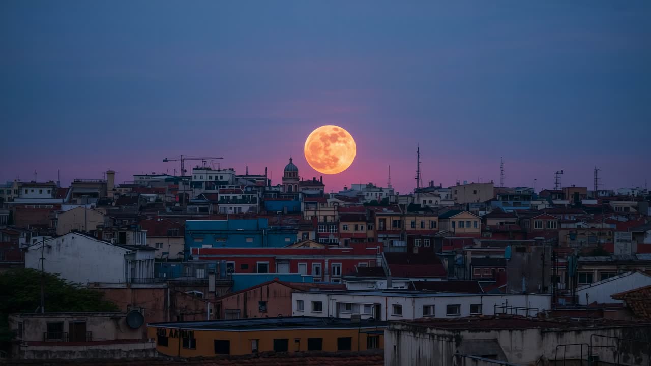 Starting time-lapse documenting full moon climbing above historic rooftops, church dome at dusk