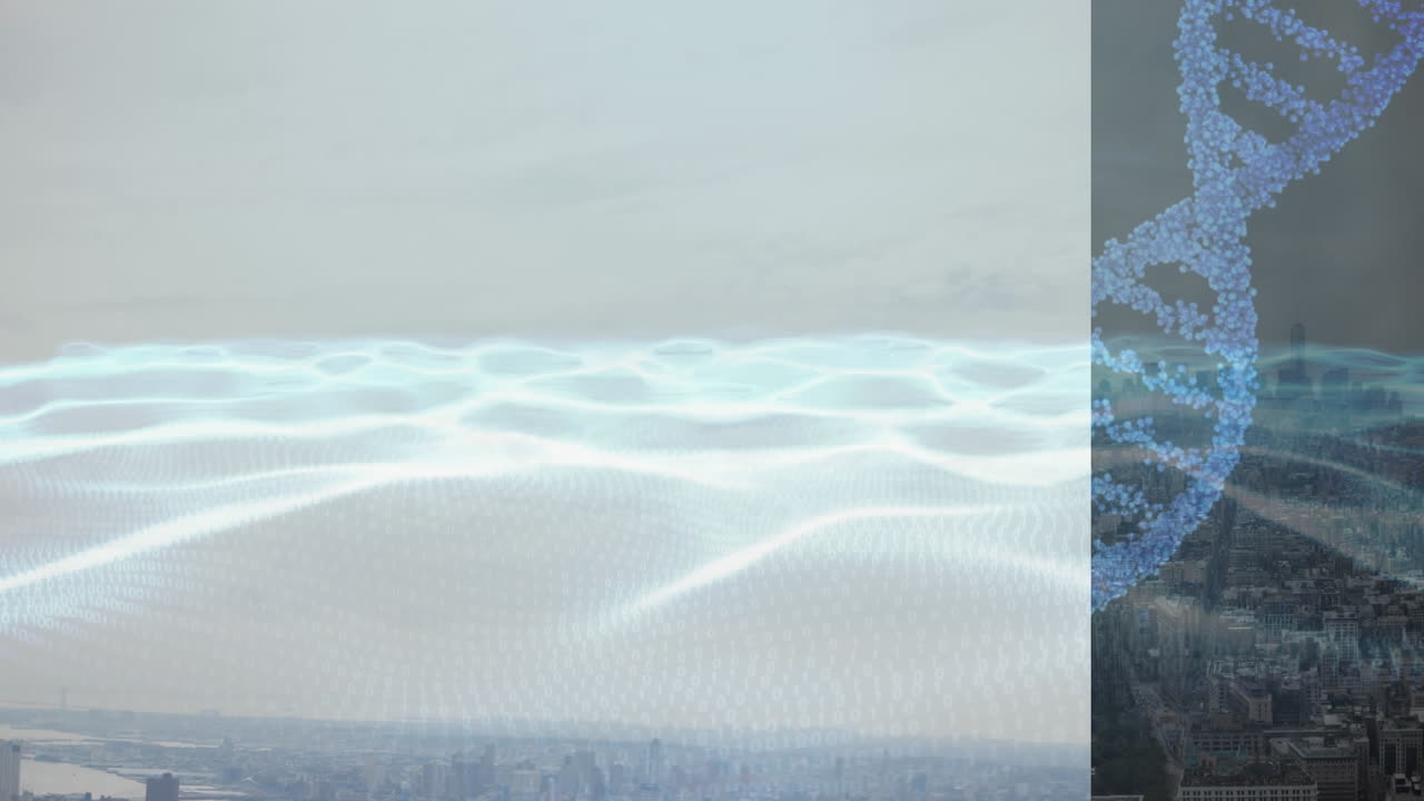 dna 스트랜드의 애니메이션과 도시 풍경에 대한 데이터 처리