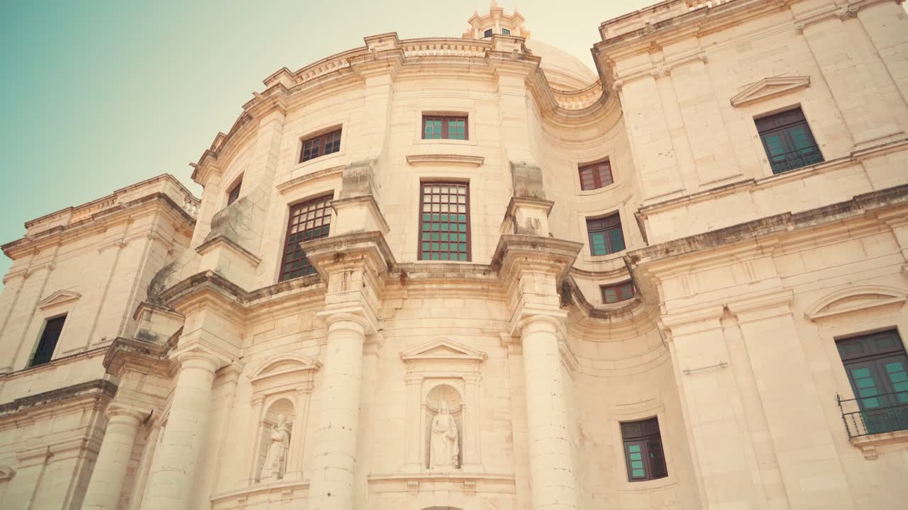Lisbon ancient Cathedral National Pantheon front facade at sunrise pull in slider movement 4K