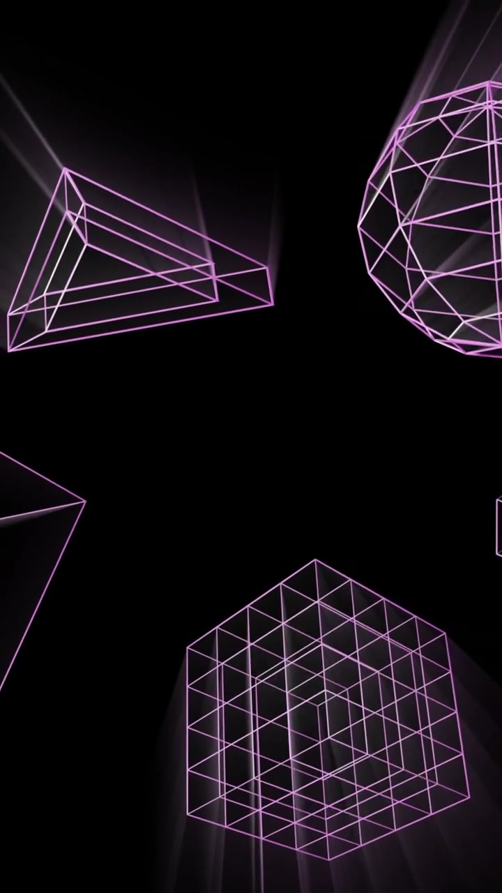 Animation of glowing 3d shapes moving on black background