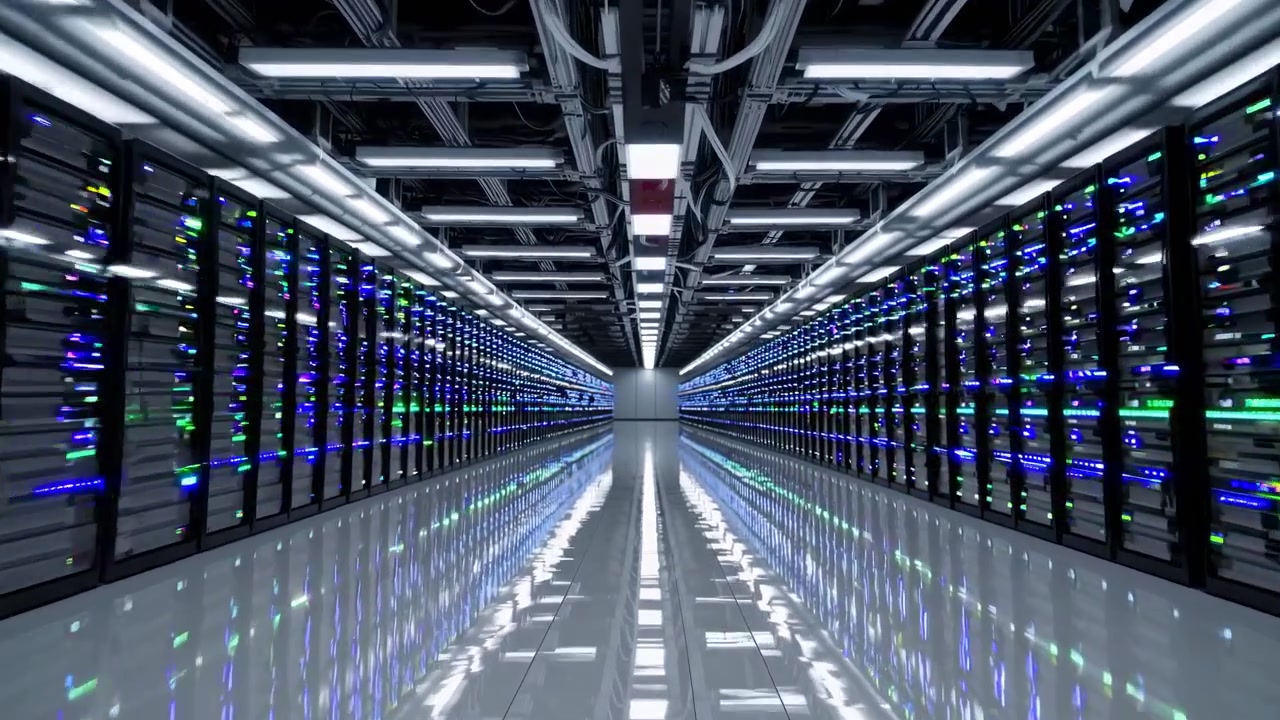 Futuristisk gang i datacenter med blinkende serverlys
