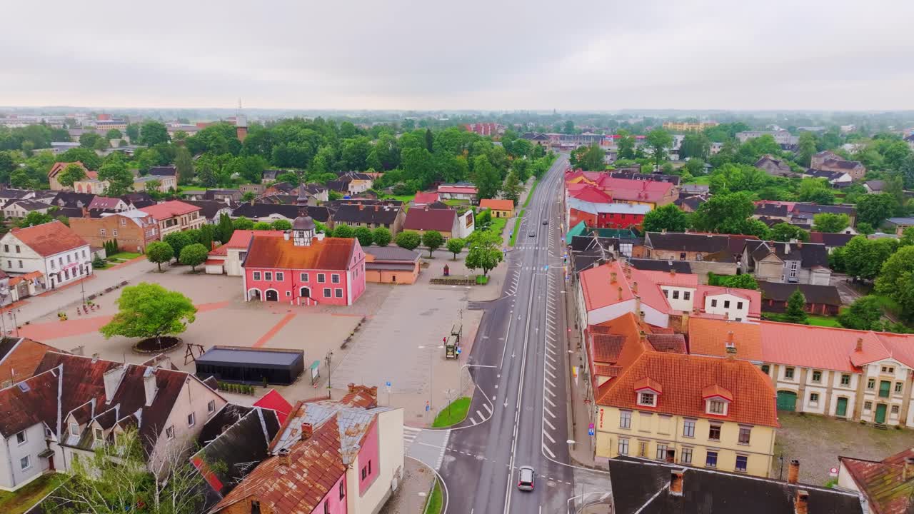 Overcast aerial scene of Bauska Latvia showing central square, tourism center