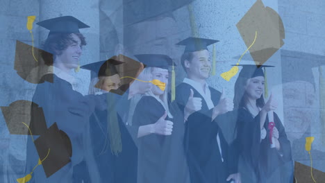 video compuesto digital de sombreros de graduación cayendo contra un grupo de graduados posando para fotos