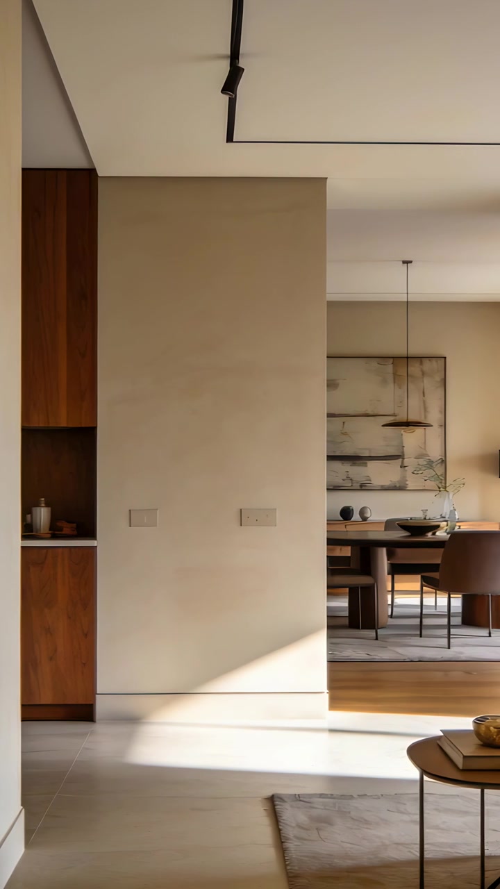 Video verticale: Telecamera in panoramica che rivela una parete con nicchia e un tavolo da pranzo in casa, mostrando il design.