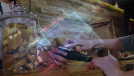 animation of network security padlock over people using payment terminal