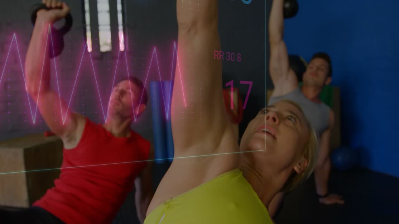Woman bracing and lifting kettlebell with group, initiating health HUD updating ECG and heart-rate