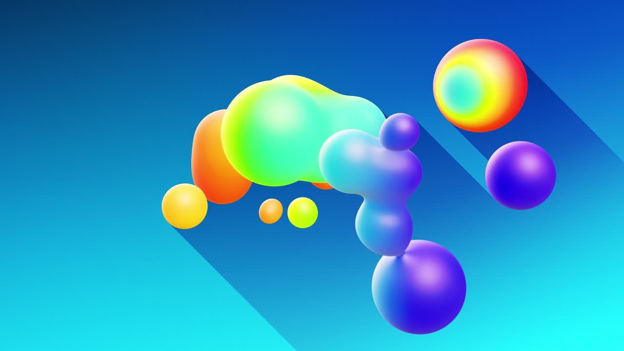 다채로운 공이나 거품은 대중적인 색상과 지하 빛을 가진 물질로 공중에 날아다니며 물방울과 같은 메타볼, 긴 그림자를 던지는 구로 융합됩니다.