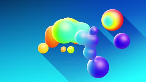 multi-colored balls or bubbles with popular gradient colors and in subsurface glow material fly in the air merge like drops metaballs, spheres casting long shadows. 4k seamless looped background 5