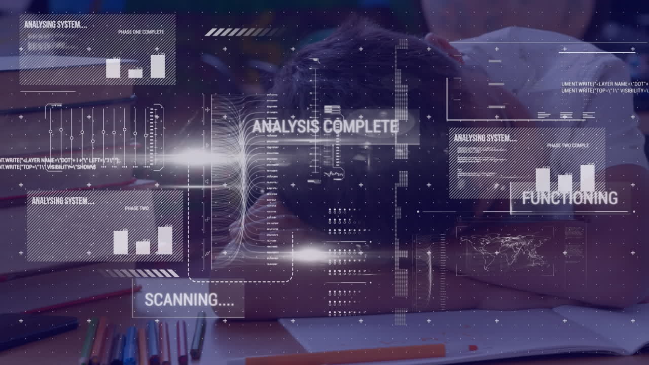 Animation of data processing over caucasian schoolboy in classroom
