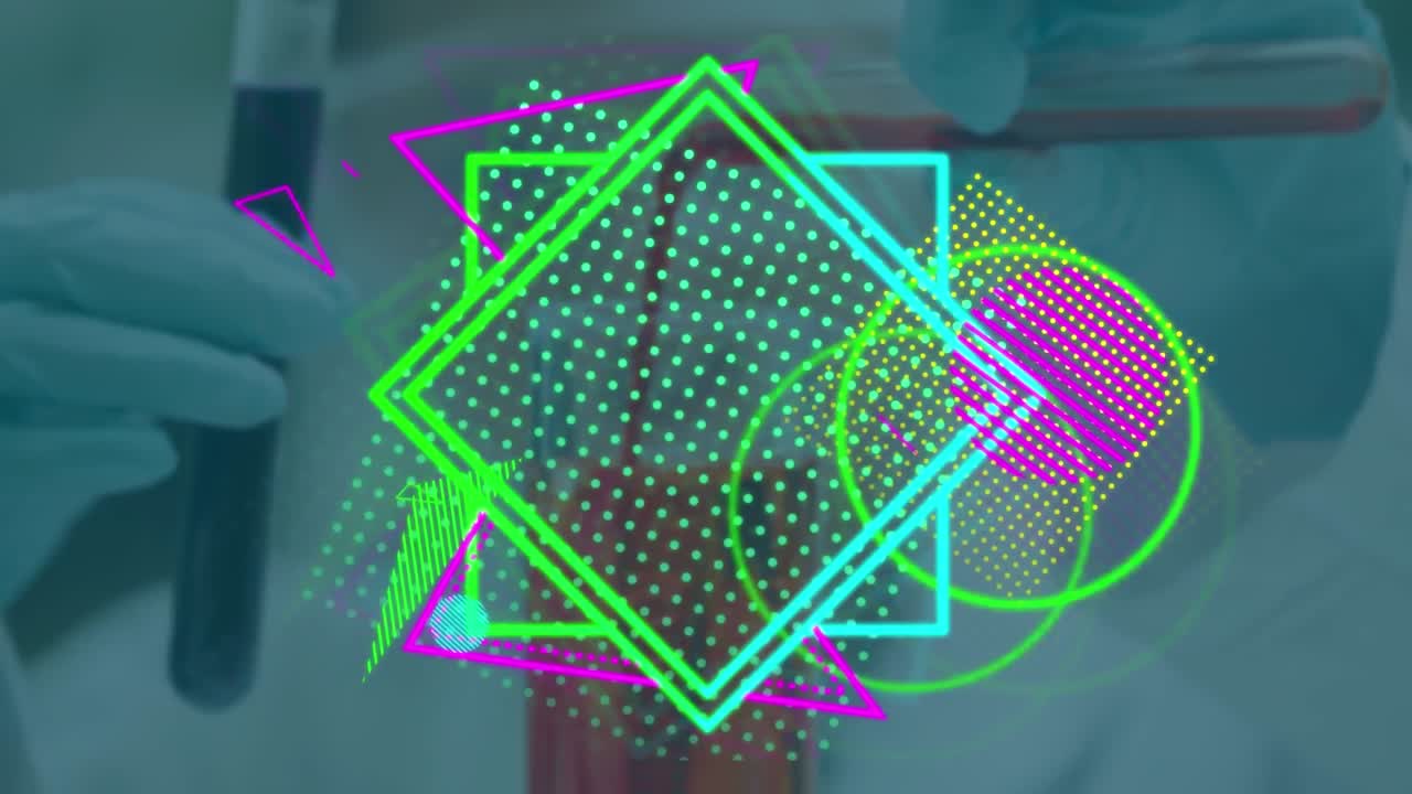 animación de formas coloridas sobre una científica caucásica