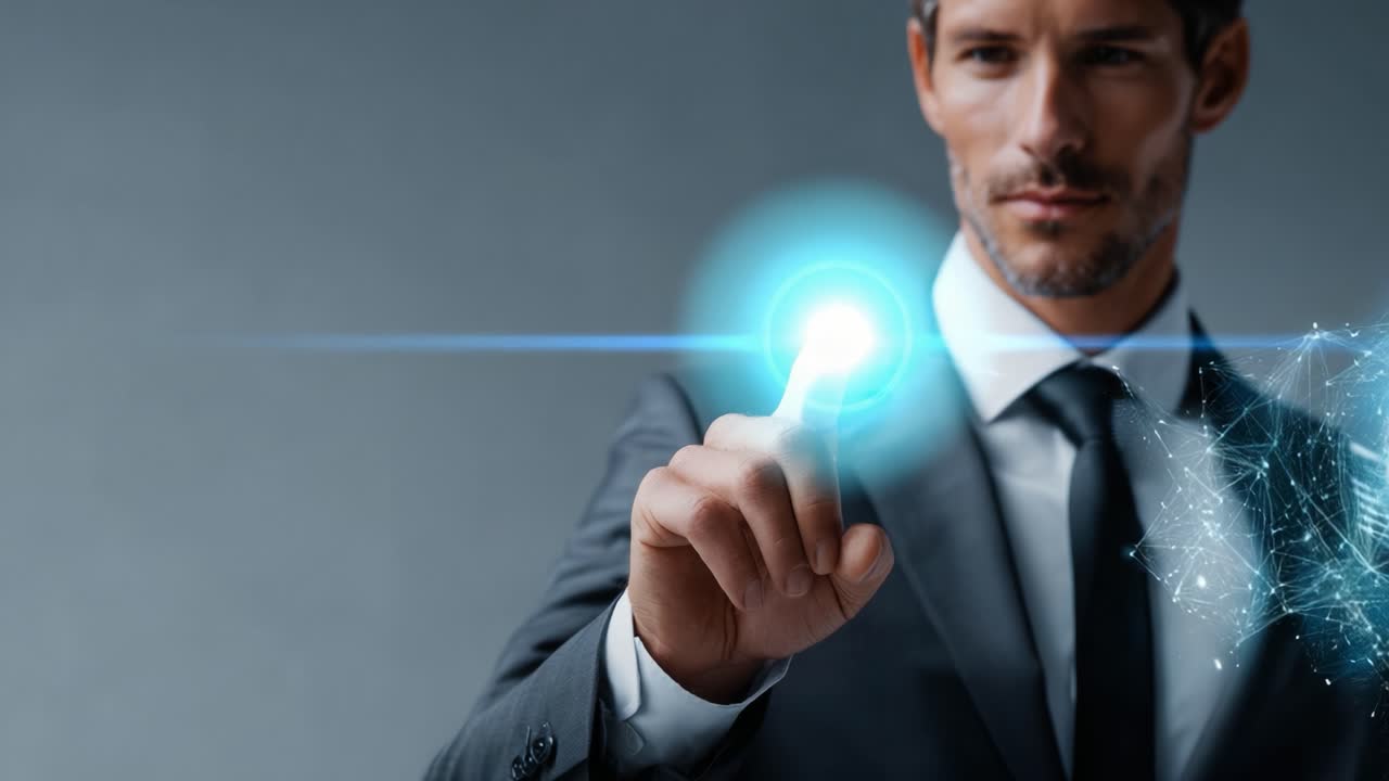Un uomo d'affari sicuro di sé interagisce con la tecnologia digitale, mostrando innovazione e moderne capacità di comunicazione attraverso il tocco digitale ed elementi visivi futuristici
