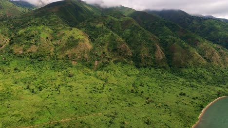 beautiful birds eye view of green hills by the sea on cloudy day