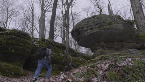 a-lone-hiker-walks-up-the-mountainside-with-barren-trees-and-moss-covered-cliffs-and-ledges