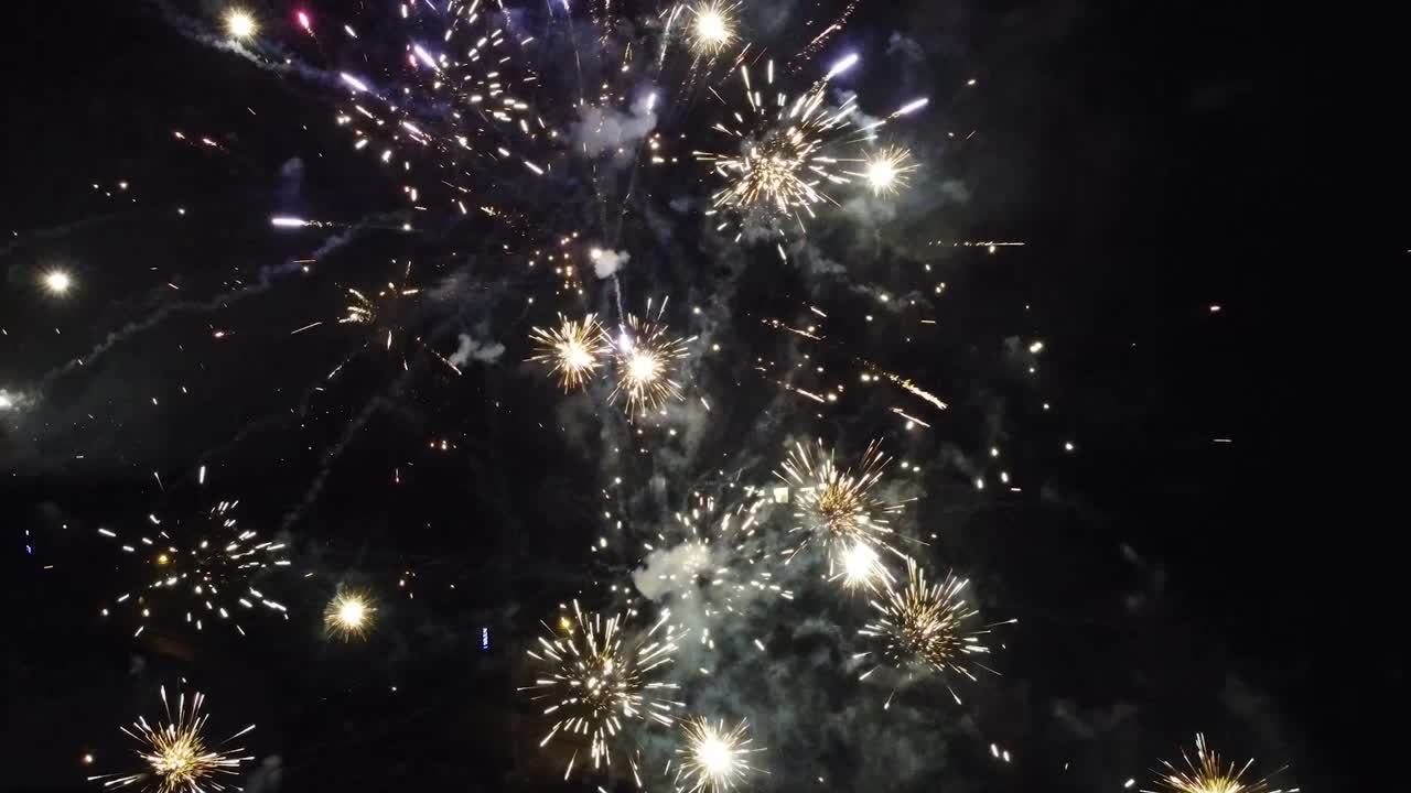 drone showing fireworks from above in new year's eve night