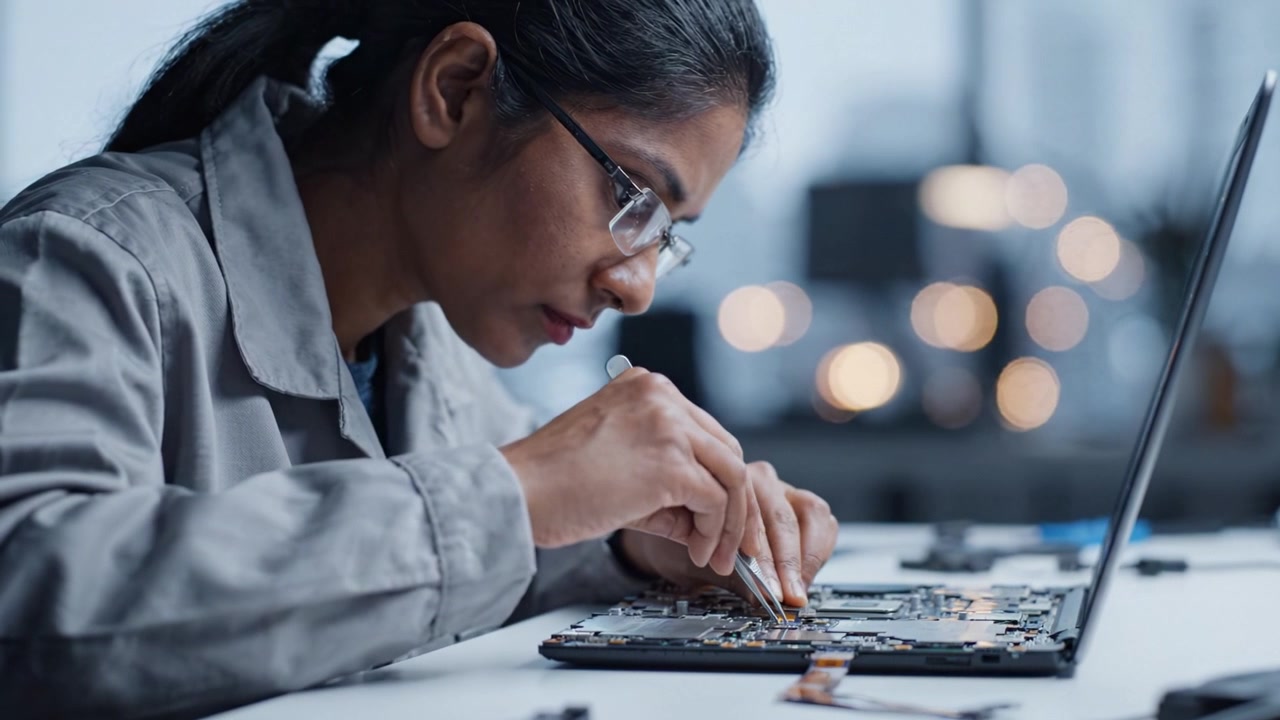 Focused Technician Repairing Computer Components with Precision Tools in Workspace Surrounded by Blurred City Lights and Modern Technology Atmosphere