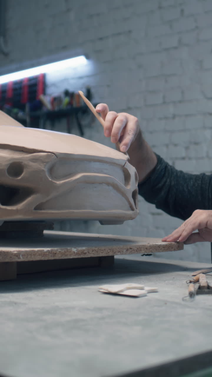 esculpiendo un modelo de coche de arcilla