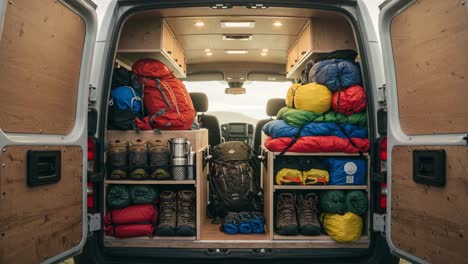 a well-organized adventure van full of outdoor gear, stacks of colorful sleeping bags, backpacks, and essential equipment ready for an exciting journey into nature