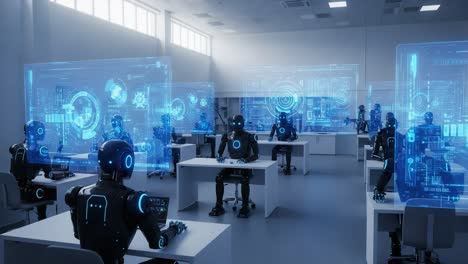 futuristic classroom with advanced robots and interactive holographic displays engaging in learning and collaboration in a tech-driven environment