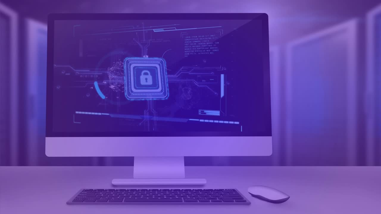 animación de puntos conectados que forman globo, candado y lenguaje informático en computadora