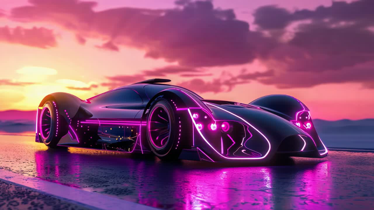 Futuristic Neon Pink Sports Car at Sunset