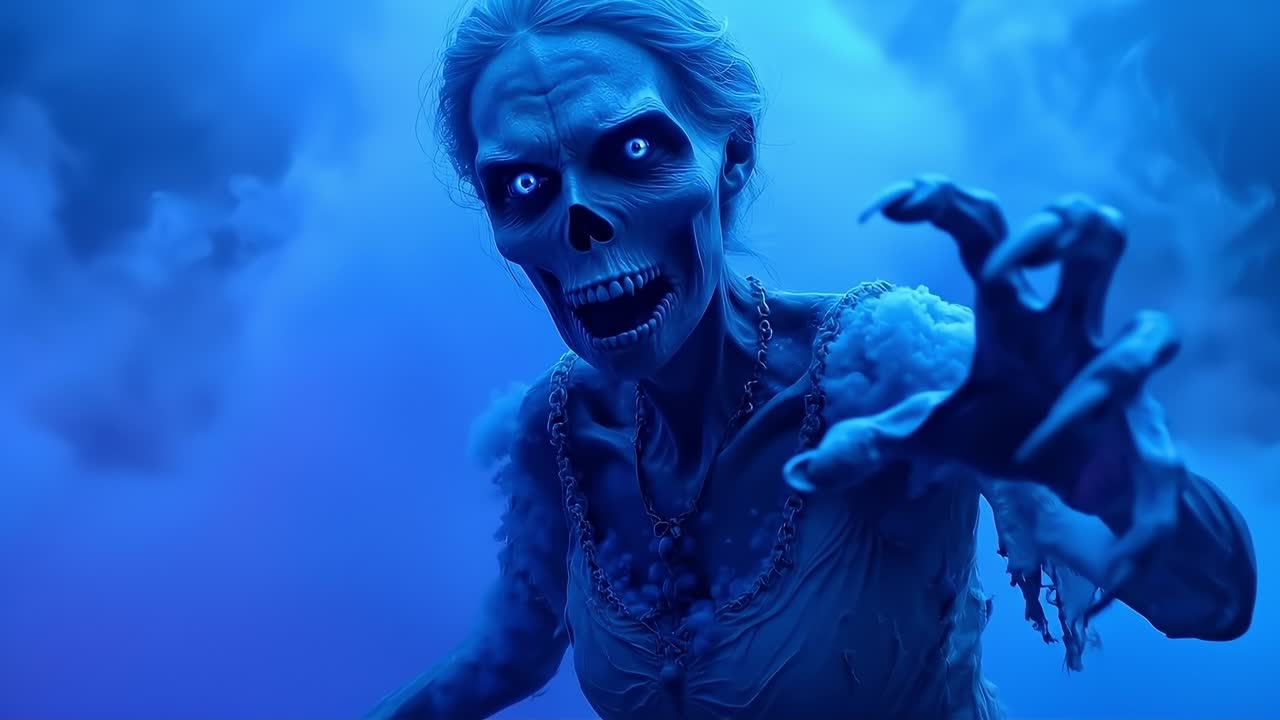 A woman in a white dress with a skeleton face in the clouds