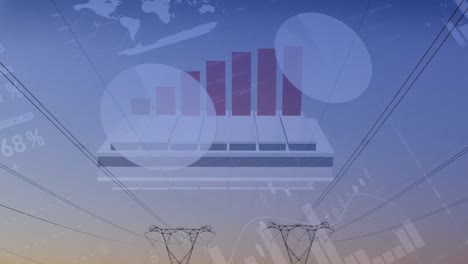 Animation-of-financial-graphs-and-data-over-electricity-poles-at-sunset