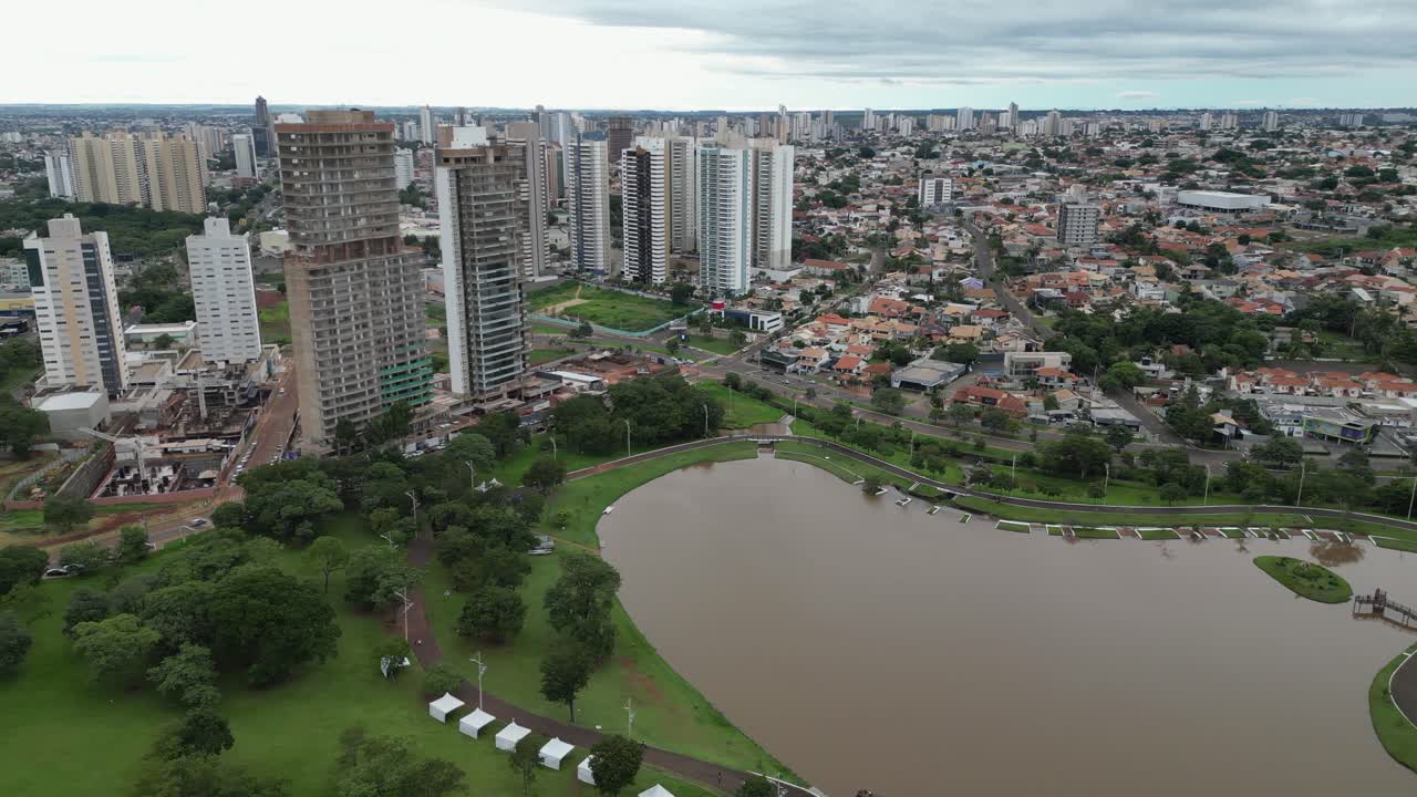 Aerial flyover of green Indigenous Nations Park in Campo Grande Brazil