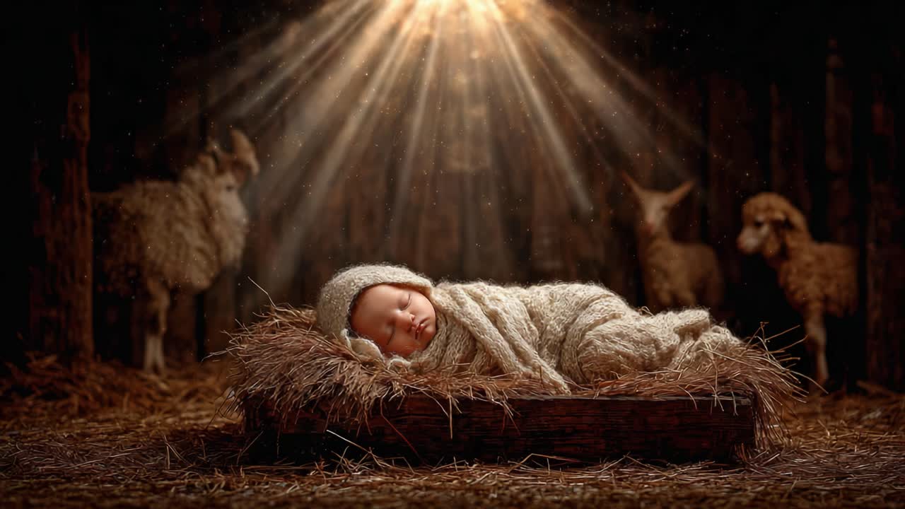 A Serene Moment: A Sleeping Baby Wrapped in Cozy Fabrics Lies Peacefully in a Cradle of Hay, Surrounded by Gentle Animals Amidst a Warm, Glowing Light