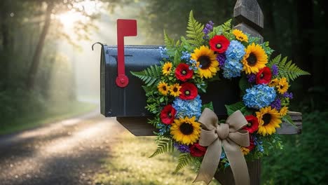 a vibrant floral wreath adorns a rustic mailbox along a serene country path bathed in morning light, capturing nature's beauty and tranquility