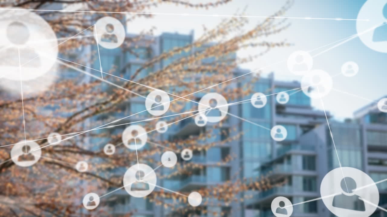 도시 풍경 위의 사람 아이콘과의 연결 네트워크의 애니메이션