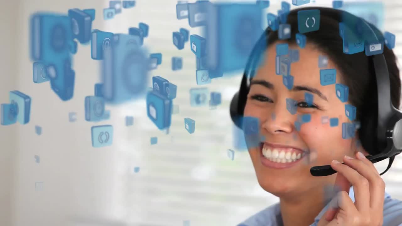 Animazione di una donna multietnica che sorride e parla con le cuffie su icone blu