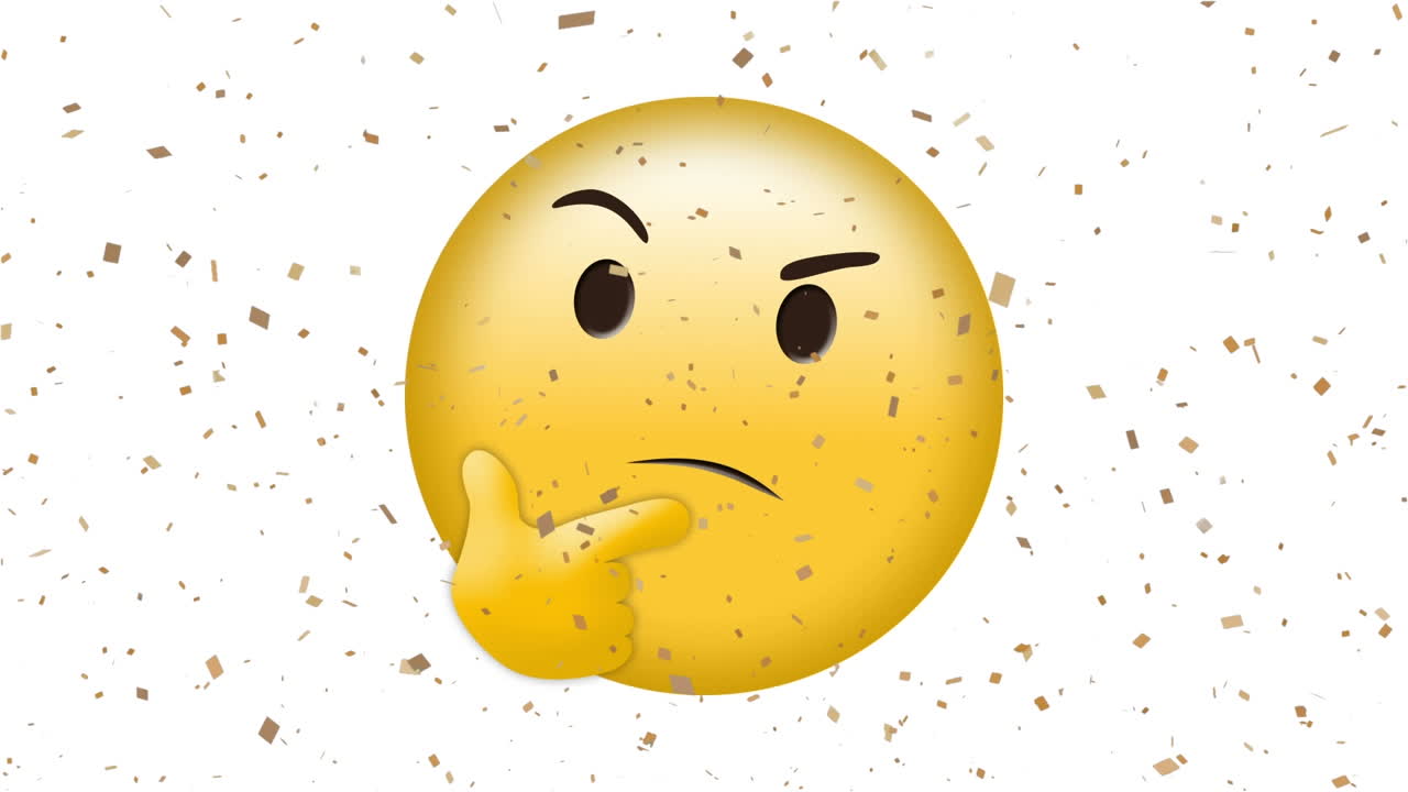Animation af tænkende emoji-ikon over faldende konfetti